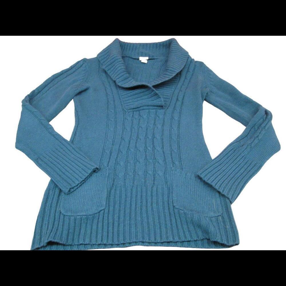 Suzy Shier Girls Y2K Cable Knit Rib Cuffed Teal Cowl Neck Sweater Pockets Size L